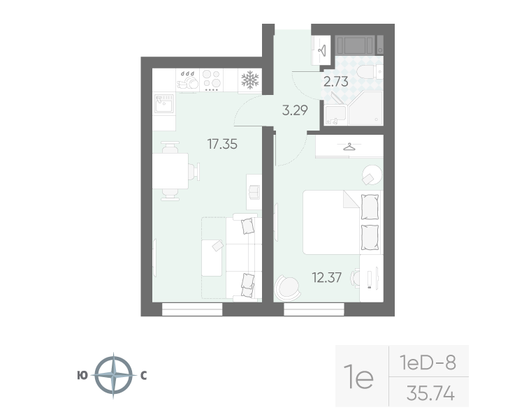 2-комнатная (Евро) квартира, 35.74 м² в ЖК "Морская миля" - планировка, фото №1