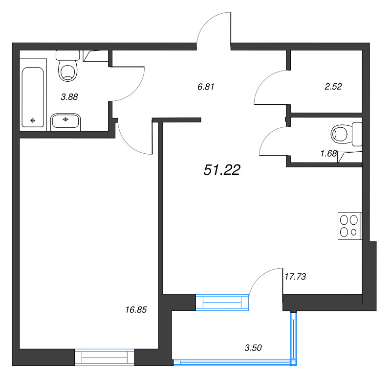 2-комнатная (Евро) квартира, 51.22 м² в ЖК "Энфилд" - планировка, фото №1
