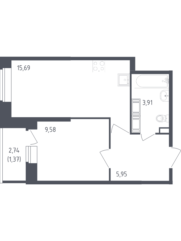 2-комнатная (Евро) квартира, 36.5 м² в ЖК "Живи! В Рыбацком" - планировка, фото №1