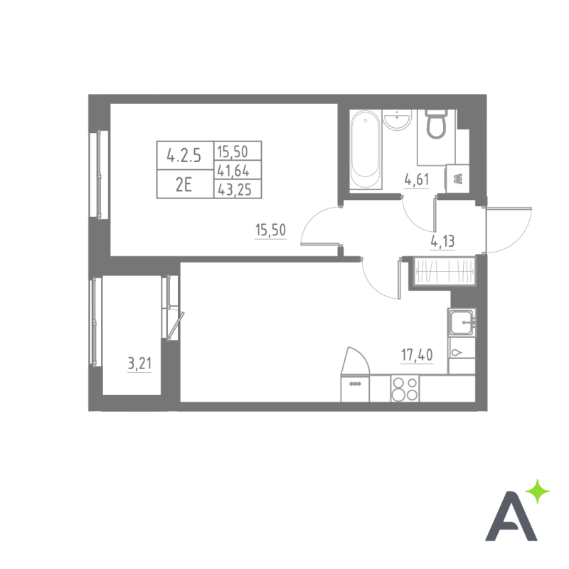 2-комнатная (Евро) квартира, 43.7 м² в ЖК "Аквилон Solar" - планировка, фото №1