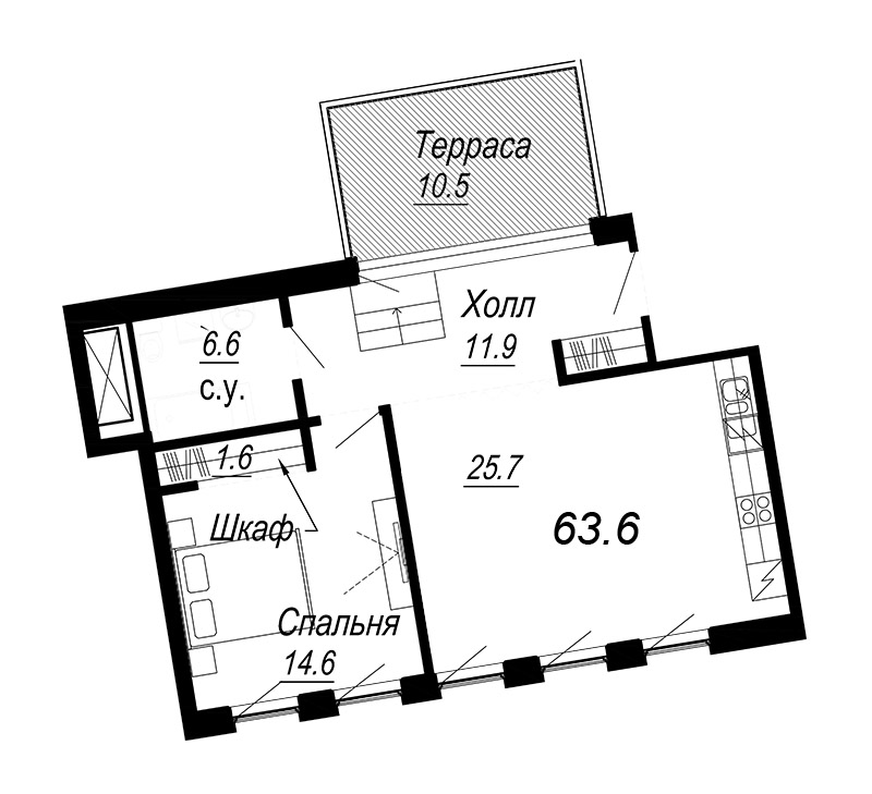 2-комнатная (Евро) квартира, 63.95 м² - планировка, фото №1