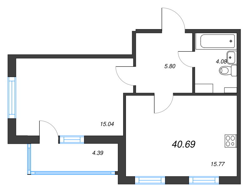 2-комнатная (Евро) квартира, 40.69 м² - планировка, фото №1