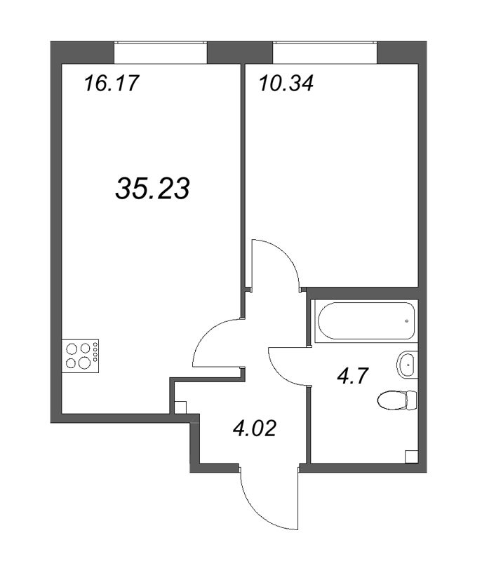 2-комнатная (Евро) квартира, 35.23 м² в ЖК "Аквилон Янино" - планировка, фото №1