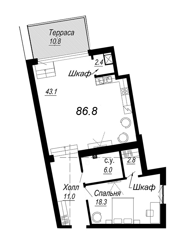 1-комнатная квартира, 91.7 м² - планировка, фото №1