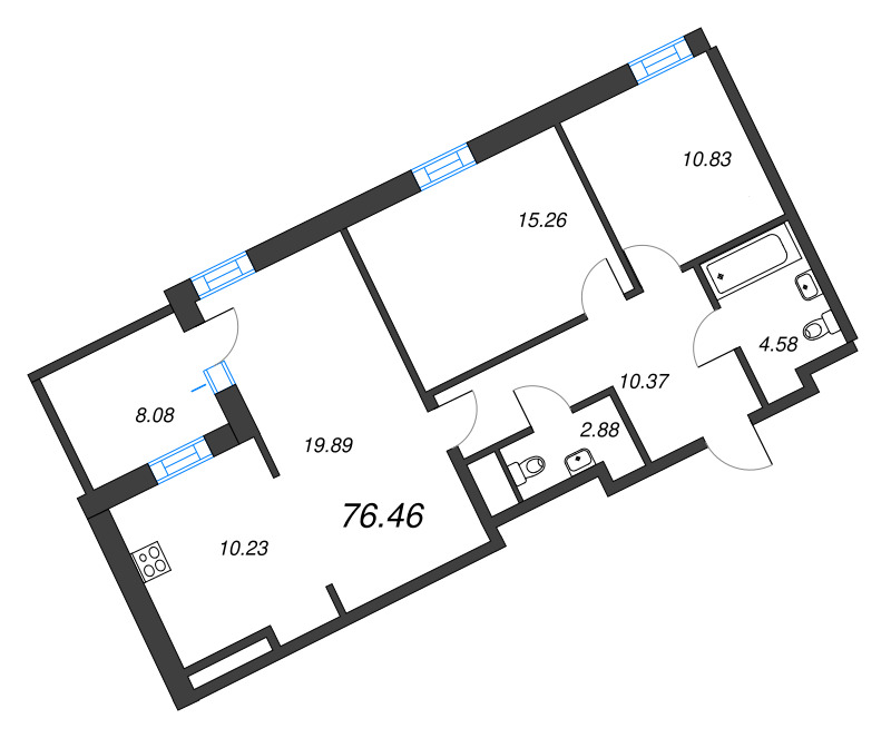 3-комнатная (Евро) квартира, 76.46 м² - планировка, фото №1