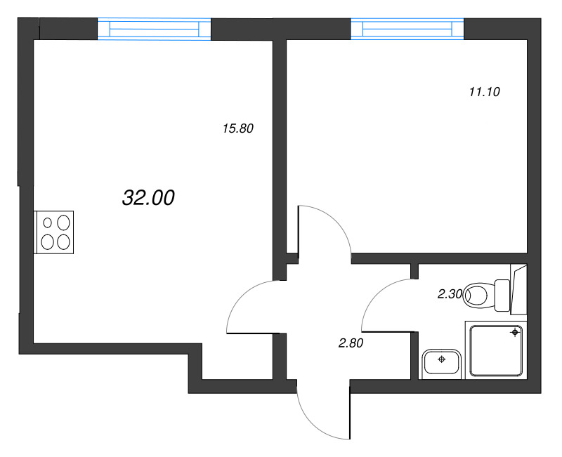 2-комнатная (Евро) квартира, 32 м² в ЖК "ЛСР. Ржевский парк" - планировка, фото №1