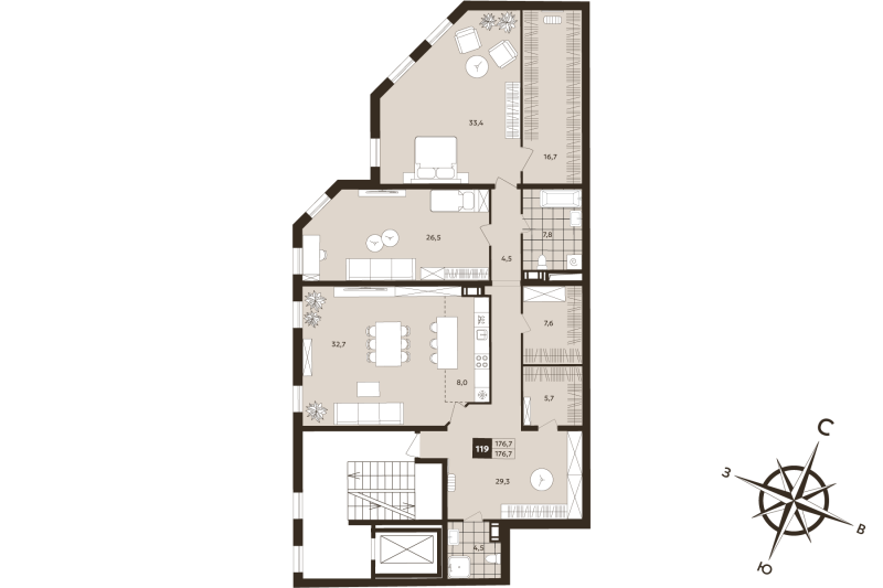 3-комнатная (Евро) квартира, 176.7 м² в ЖК "Дом на Бронницкой" - планировка, фото №1