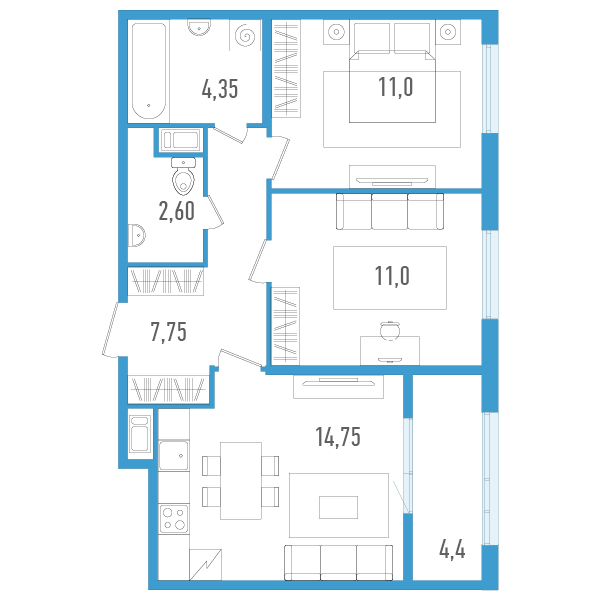 2-комнатная квартира, 53.65 м² - планировка, фото №1