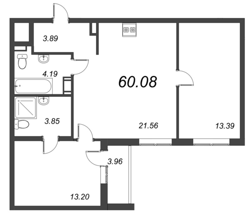 3-комнатная (Евро) квартира, 57.04 м² - планировка, фото №1