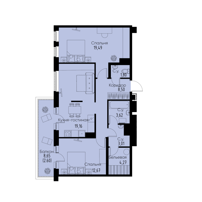 2-комнатная квартира, 75.12 м² - планировка, фото №1