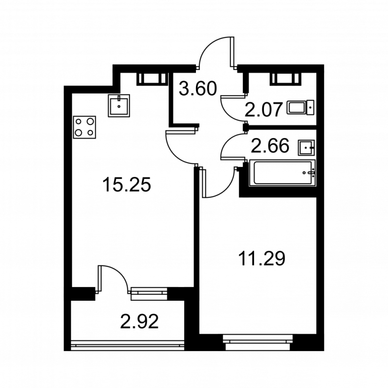 2-комнатная (Евро) квартира, 36.05 м² в ЖК "Квартал Заречье" - планировка, фото №1