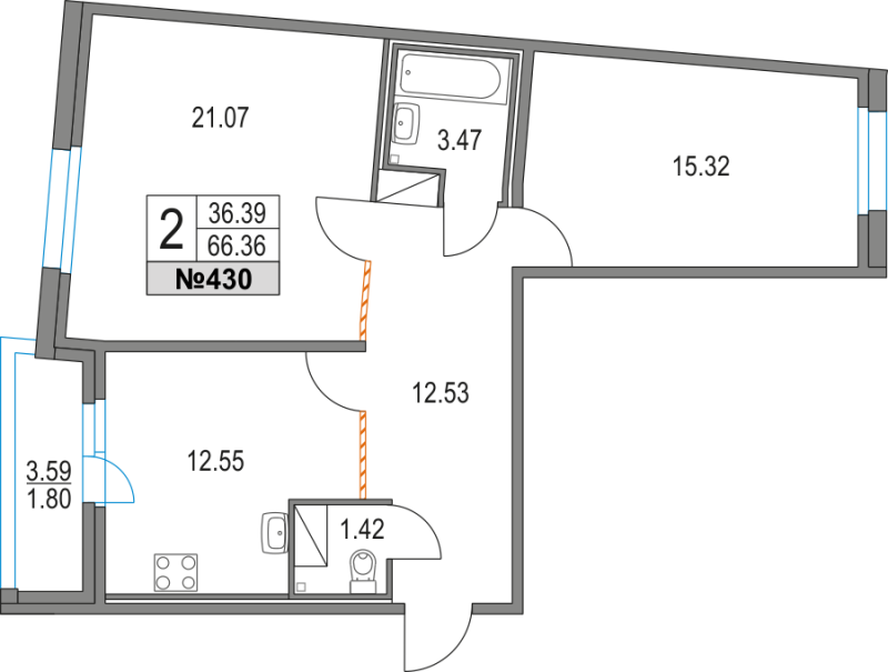 2-комнатная квартира, 66.36 м² - планировка, фото №1