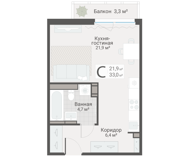 Квартира-студия, 33 м² в ЖК "Руднева 15" - планировка, фото №1