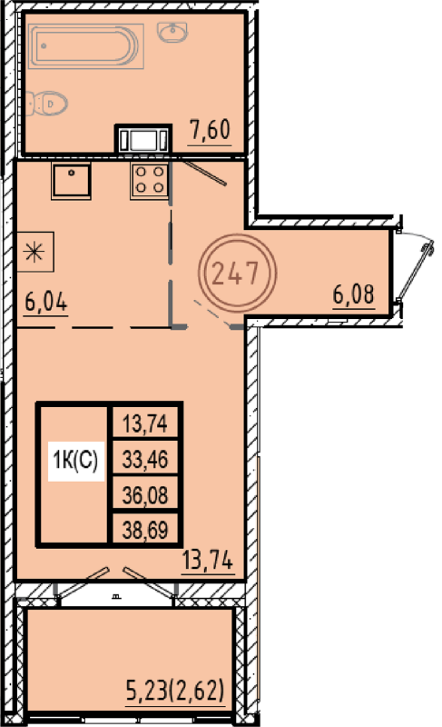 Квартира-студия, 33.46 м² в ЖК "Образцовый квартал 9.1" - планировка, фото №1