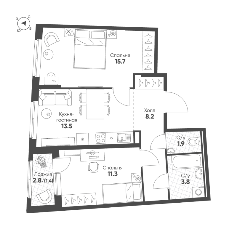 2-комнатная квартира, 55.8 м² в ЖК "Ягодное Река Парк" - планировка, фото №1