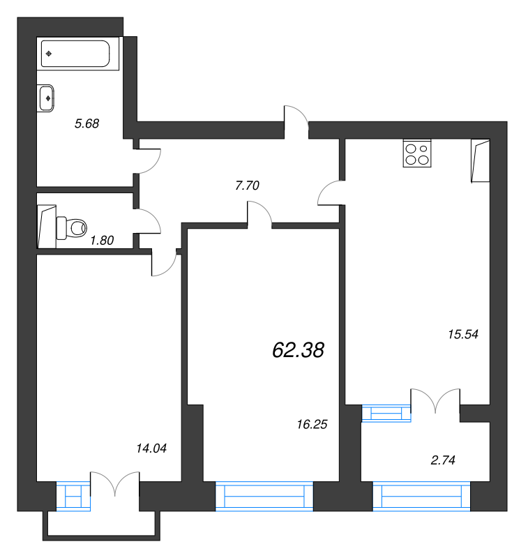 3-комнатная (Евро) квартира, 66.7 м² - планировка, фото №1