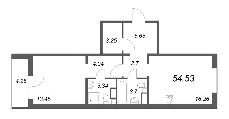 2-комнатная (Евро) квартира, 54.6 м² в ЖК "Ю Гатчина" - планировка, фото №1