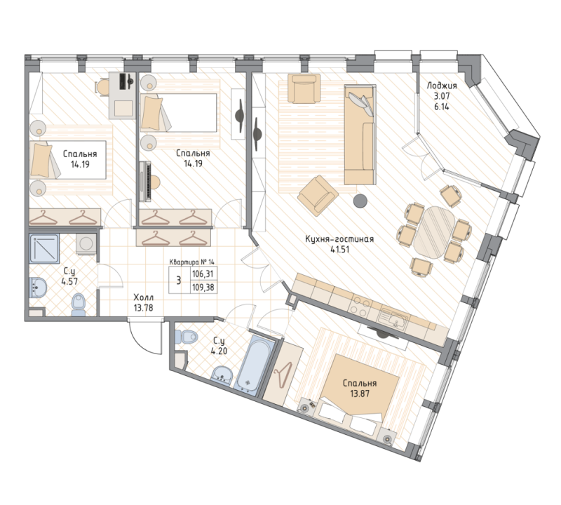 4-комнатная (Евро) квартира, 109.38 м² в ЖК "Квадрия" - планировка, фото №1