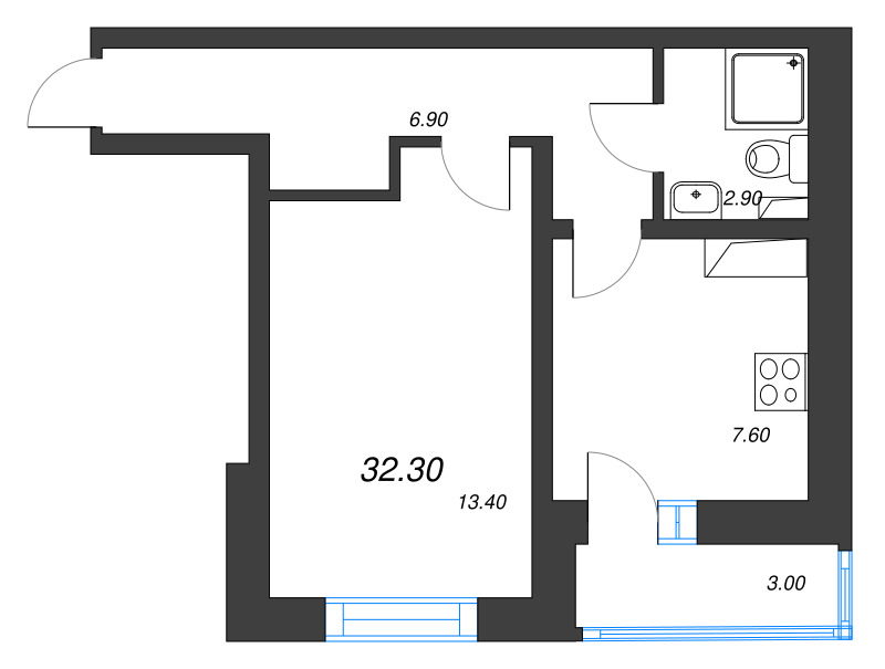 1-комнатная квартира, 32.3 м² - планировка, фото №1