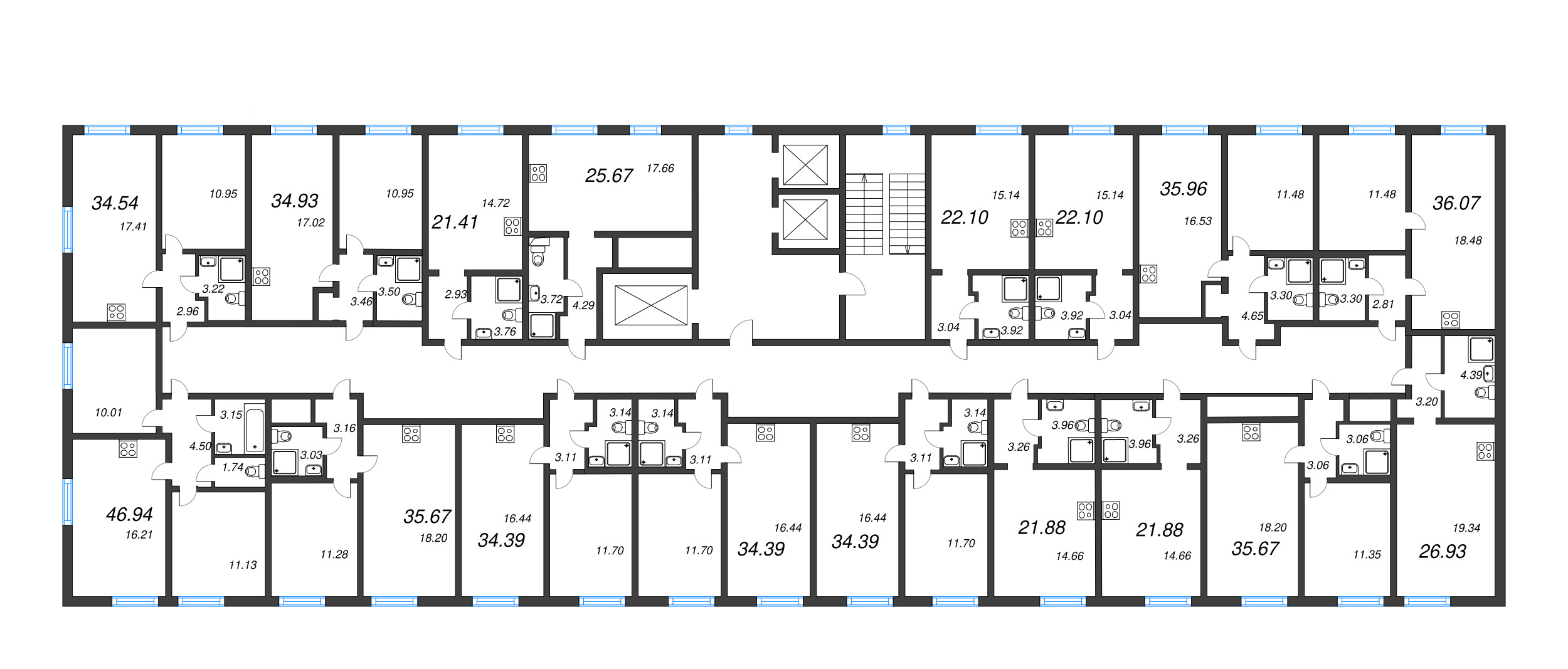 2-комнатная (Евро) квартира, 34.39 м² в ЖК "Морская миля" - планировка этажа