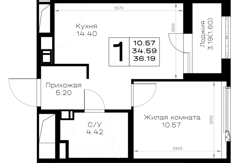 1-комнатная квартира, 36.19 м² в ЖК "Борский" - планировка, фото №1
