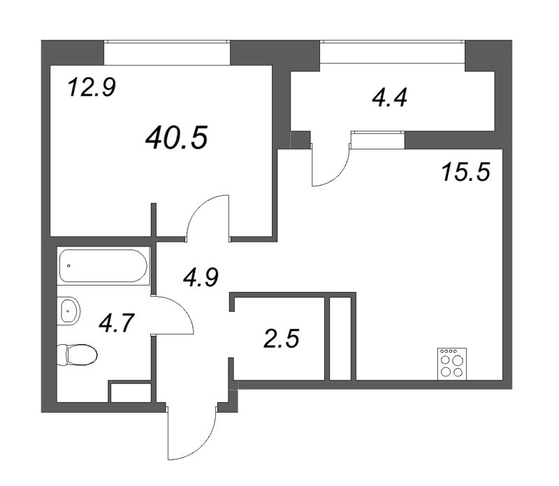 1-комнатная квартира, 40.5 м² - планировка, фото №1