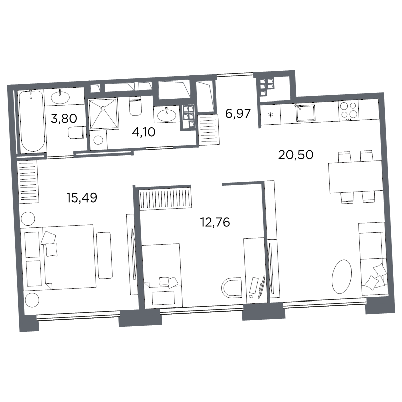 3-комнатная (Евро) квартира, 63.62 м² в ЖК "Акватория" - планировка, фото №1