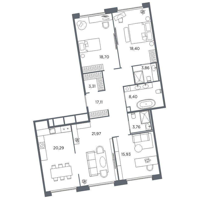 4-комнатная (Евро) квартира, 131.73 м² в ЖК "Акватория" - планировка, фото №1