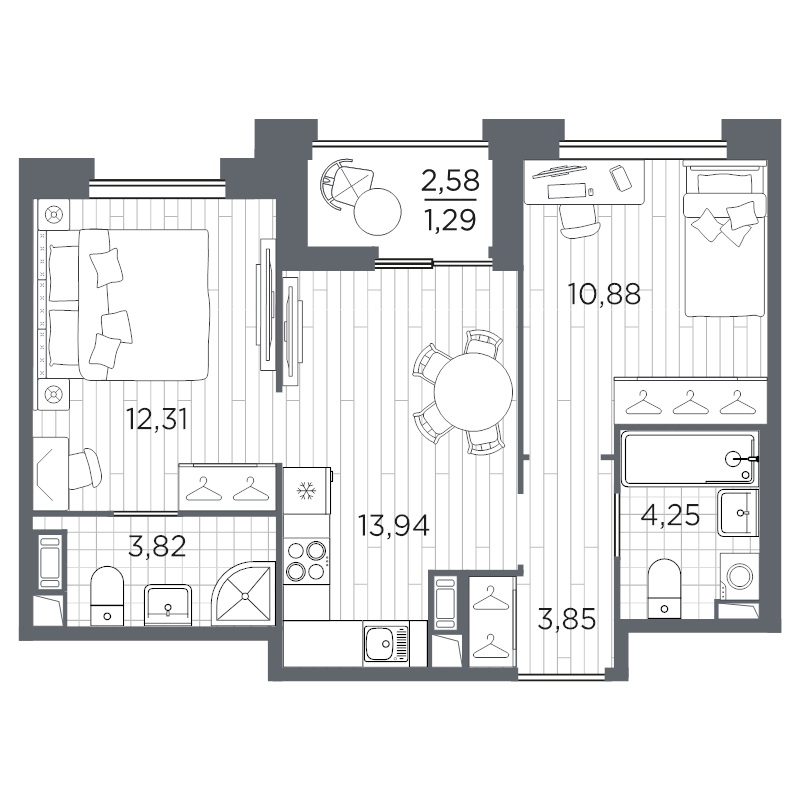 2-комнатная квартира, 50.34 м² в ЖК "Оптимист" - планировка, фото №1