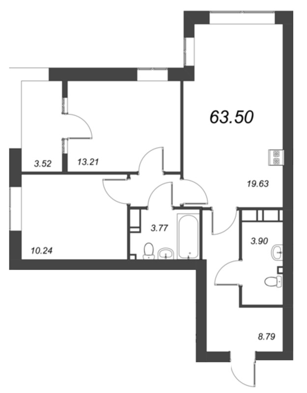 3-комнатная (Евро) квартира, 64.6 м² - планировка, фото №1