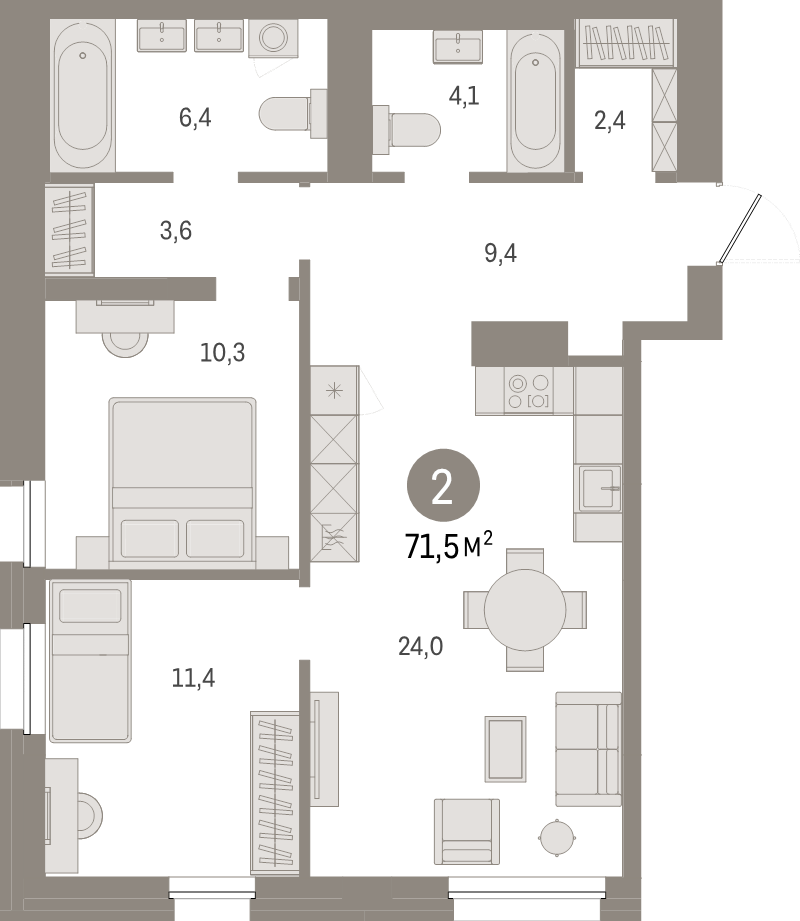 3-комнатная (Евро) квартира, 71.5 м² в ЖК "Северный ветер" - планировка, фото №1