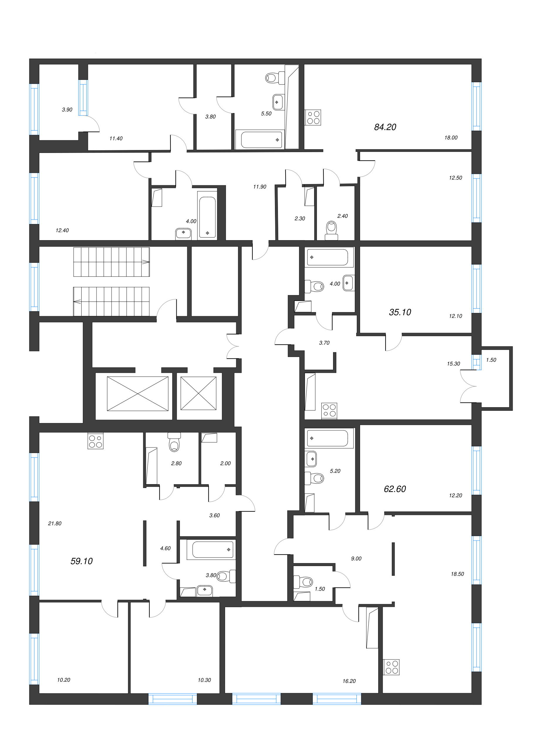 3-комнатная (Евро) квартира, 59.1 м² - планировка этажа