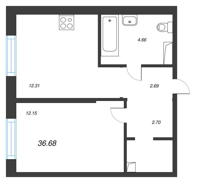 1-комнатная квартира, 36.68 м² в ЖК "OKLA" - планировка, фото №1
