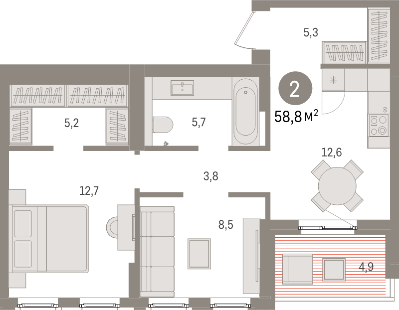 2-комнатная квартира, 58.8 м² в ЖК "Брусника в Новоселье" - планировка, фото №1