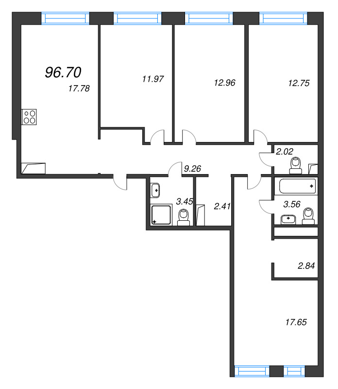 5-комнатная (Евро) квартира, 96.7 м² в ЖК "Avant" - планировка, фото №1