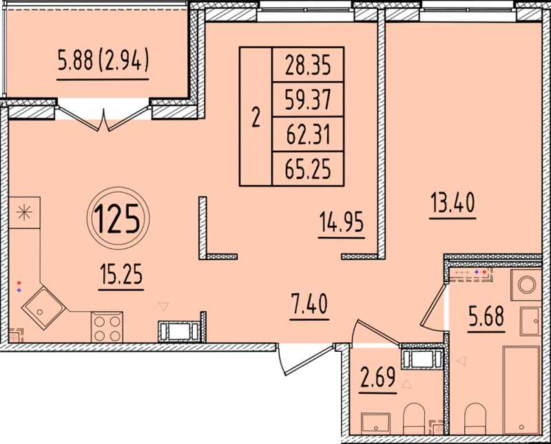3-комнатная (Евро) квартира, 59.37 м² - планировка, фото №1