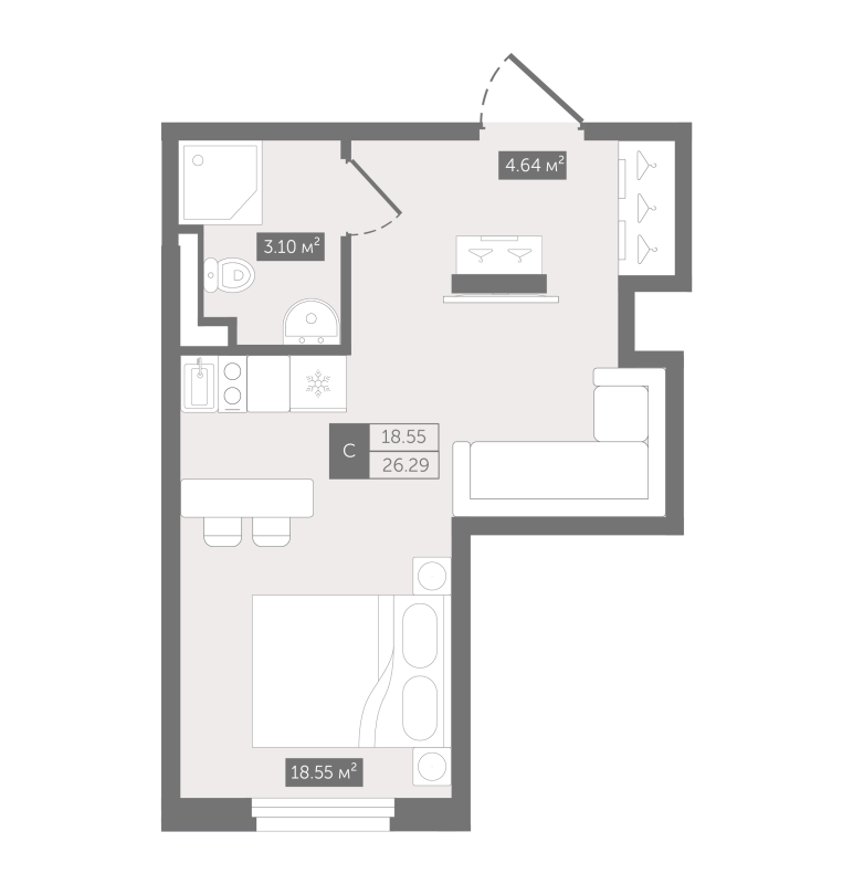 Квартира-студия, 26.29 м² в ЖК "Zoom Черная речка" - планировка, фото №1
