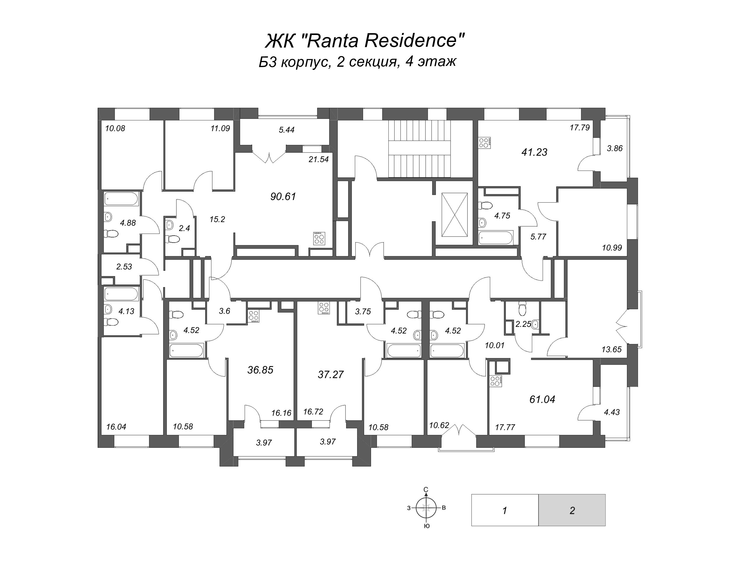 4-комнатная (Евро) квартира, 90.61 м² - планировка этажа