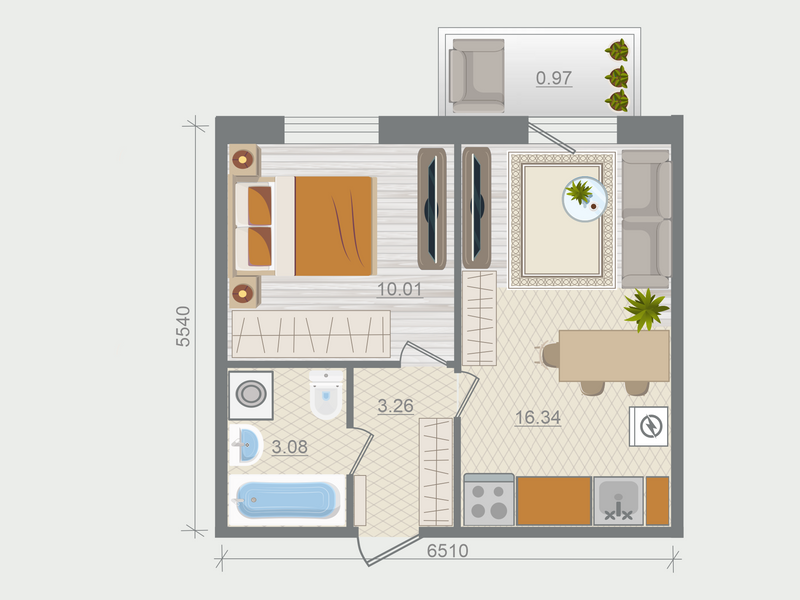 2-комнатная (Евро) квартира, 33.66 м² в ЖК "Эко Квартал Гармония" - планировка, фото №1
