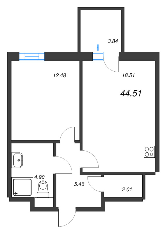 2-комнатная (Евро) квартира, 44.72 м² в ЖК "Рощино Residence" - планировка, фото №1