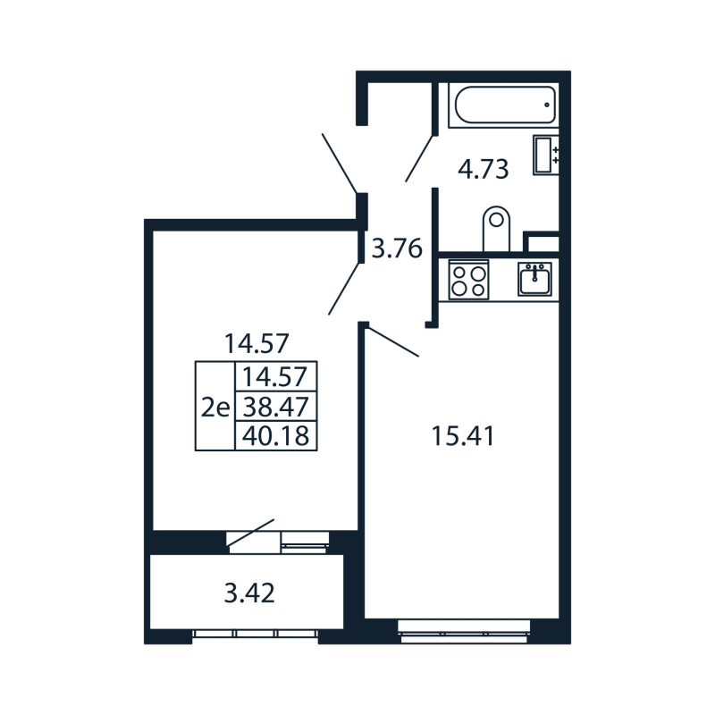 2-комнатная (Евро) квартира, 38.47 м² - планировка, фото №1