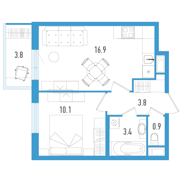 2-комнатная (Евро) квартира, 36.2 м² в ЖК "Аэросити" - планировка, фото №1