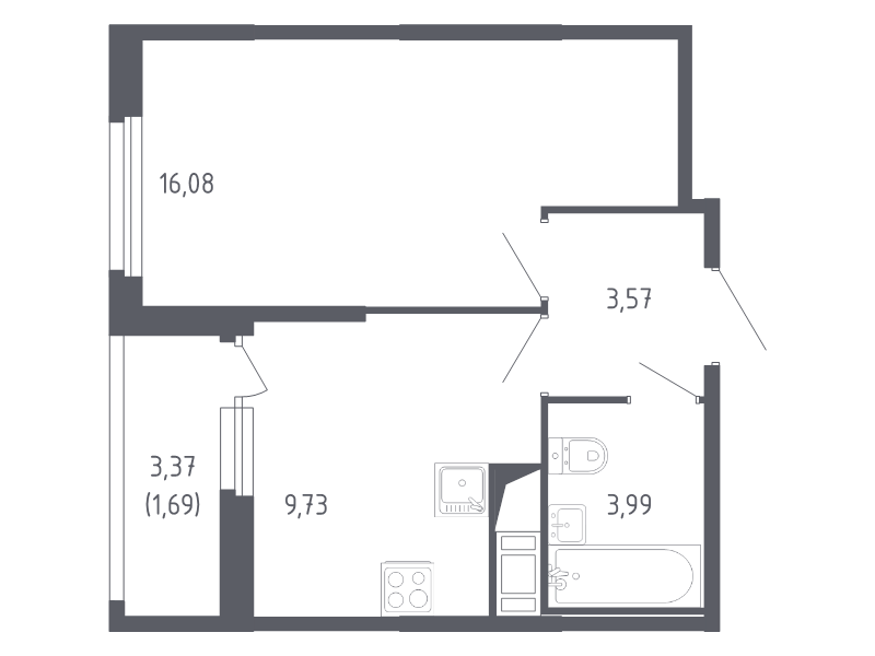 1-комнатная квартира, 35.06 м² - планировка, фото №1