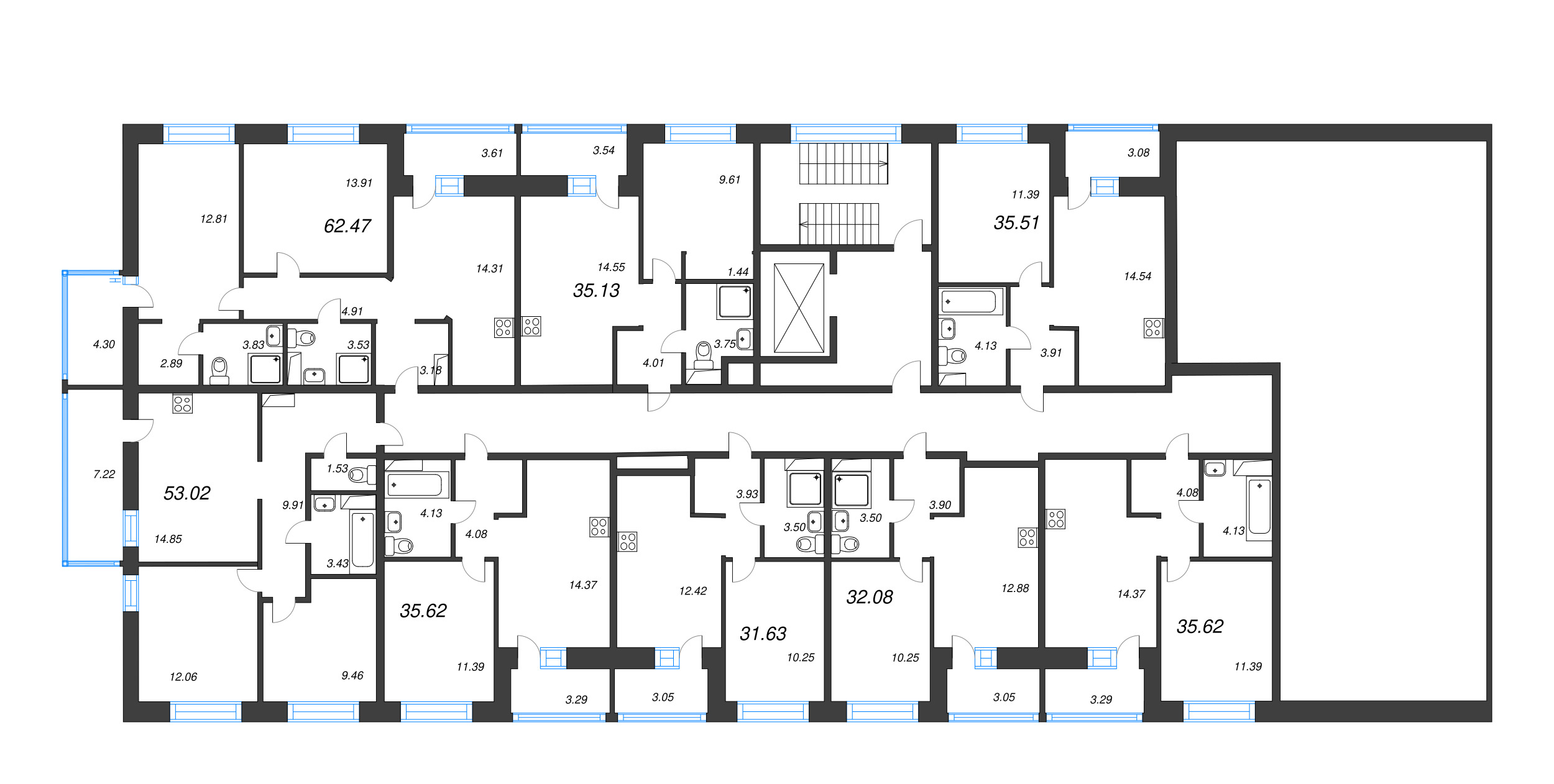 1-комнатная квартира, 35.51 м² в ЖК "Уютный" - планировка этажа