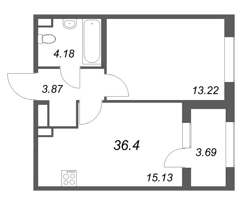 2-комнатная (Евро) квартира, 36.4 м² в ЖК "Дубровский" - планировка, фото №1