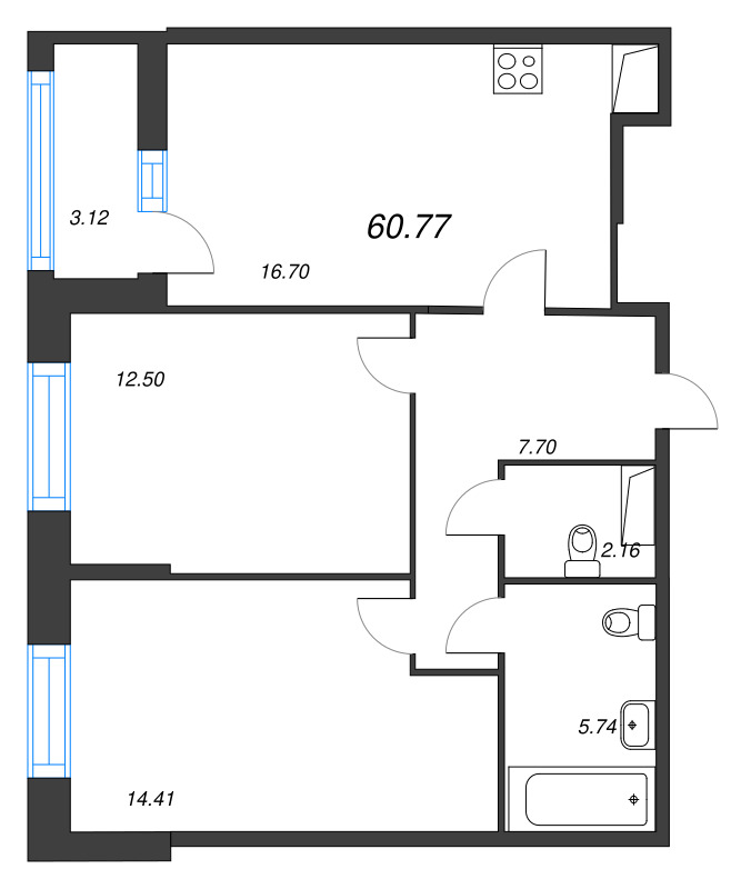 3-комнатная (Евро) квартира, 60.77 м² в ЖК "Аквилон Leaves" - планировка, фото №1