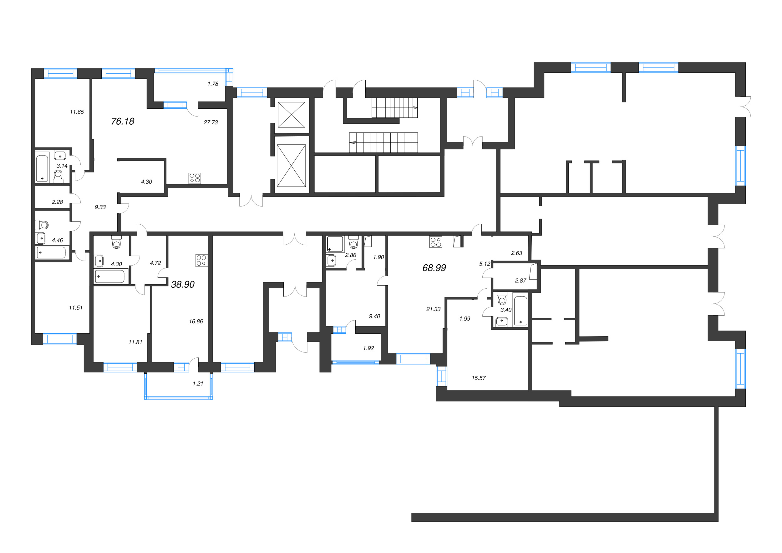 3-комнатная (Евро) квартира, 68.99 м² - планировка этажа