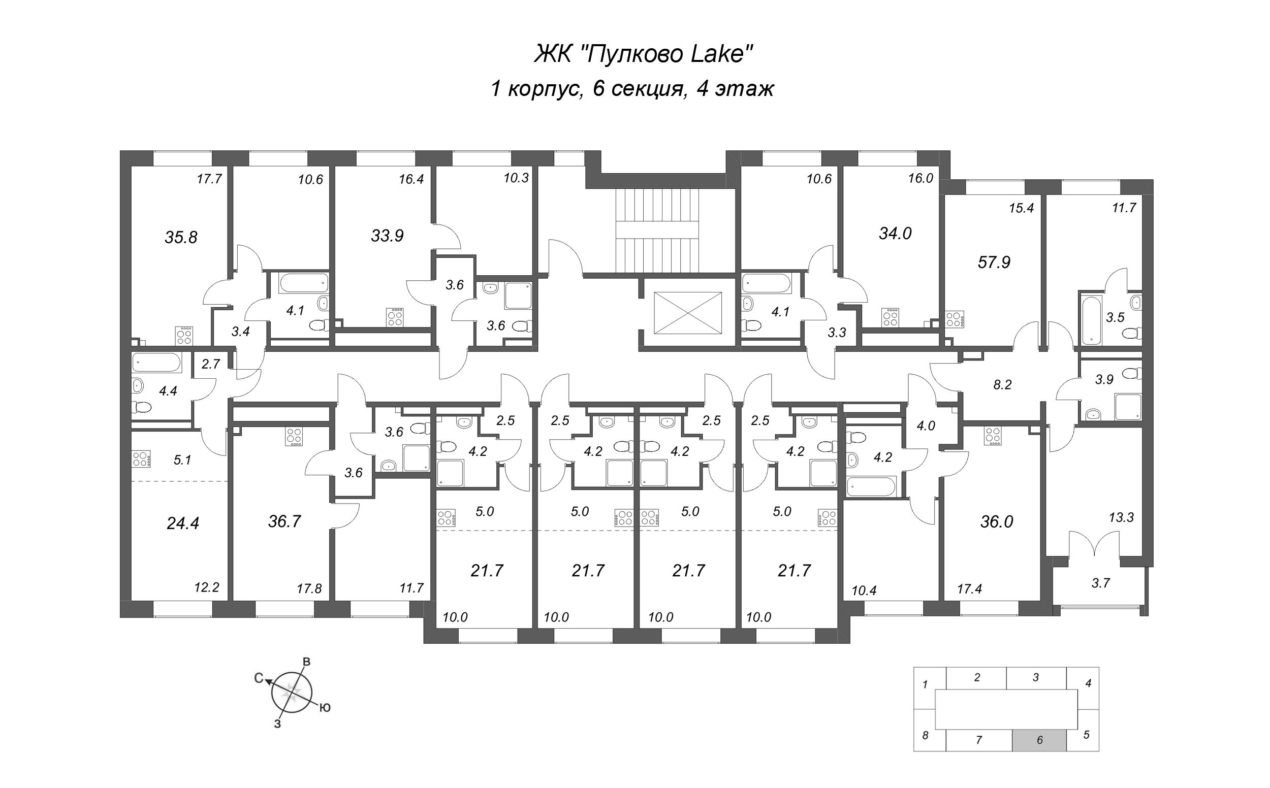 3-комнатная (Евро) квартира, 57.9 м² в ЖК "Пулково Лейк" - планировка этажа