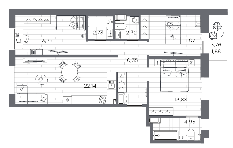 4-комнатная (Евро) квартира, 82.57 м² в ЖК "Сезоны" - планировка, фото №1