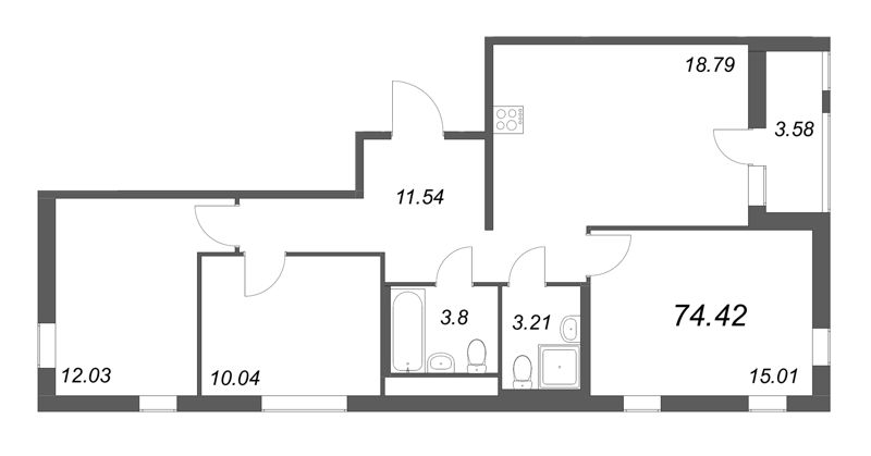 4-комнатная (Евро) квартира, 74.42 м² - планировка, фото №1